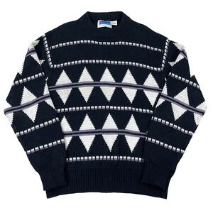 Vintage Grandpa Sweater Men Large Black Geometric Diamond Chunky Knit 90s Cosby